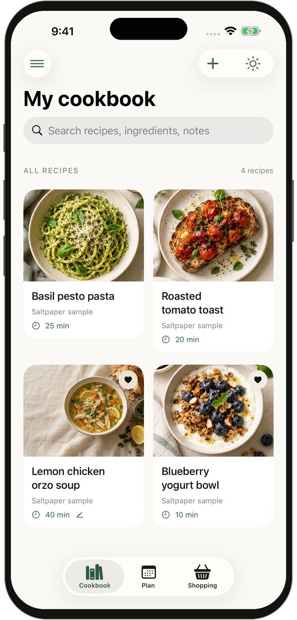 Saltpaper native cookbook with saved recipes.